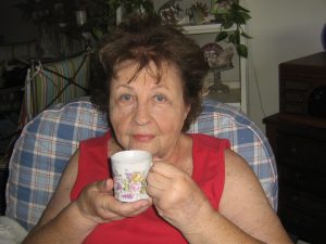 Kaye Heister Neuman “Mom” with Henry Edward Alspach’s, (her Great Grand Father) shaving mug. Edward Alspach owned Rock Mill.